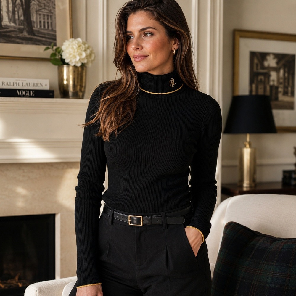 Lauren Ralph Lauren Black Ribbed Turtleneck Sweater Gold Trim Petite Large PL